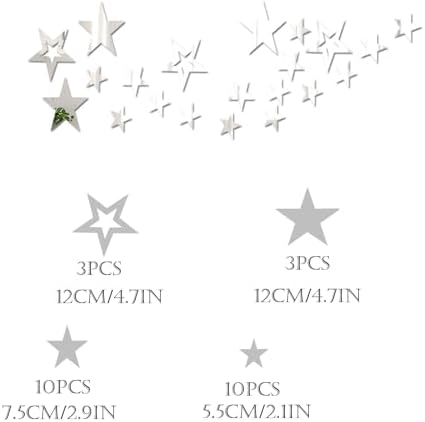 aooyaoo 26pcs Star Acrylic Mirror Wall Stickers 4 Sizes Silver Design Adhesive 3D Decor for Kids Room