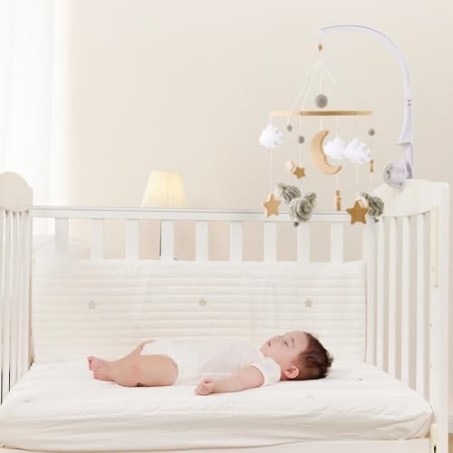 Baby Crib Mobile with Wooden Wind Chime Boho Decor Stars Clouds Moon