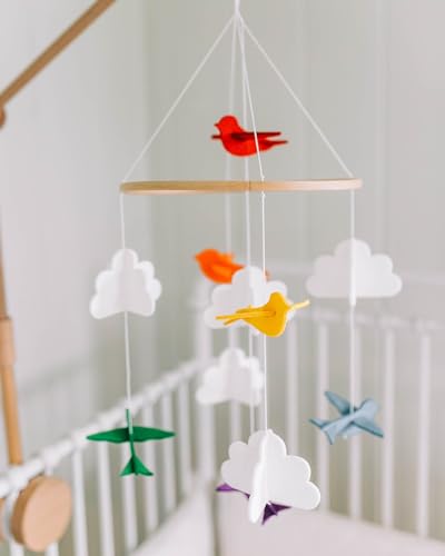 Baby Crib Mobile Rainbow Birds in Clouds with Garland