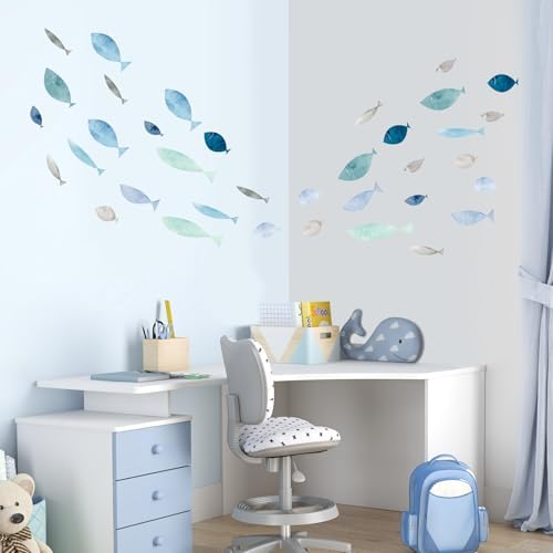 36 Pcs Watercolor Blue School of Fish Wall Decals