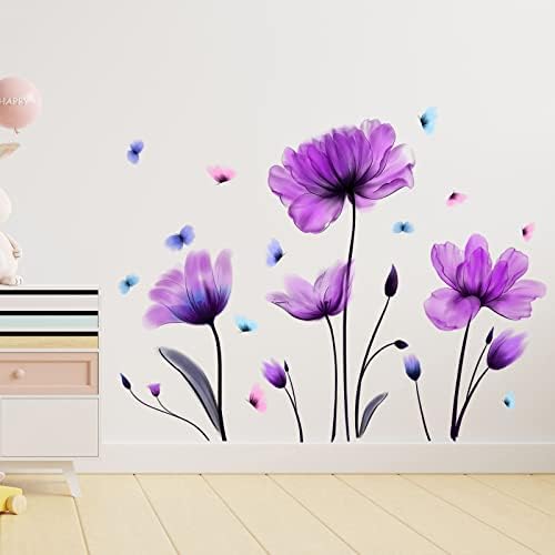 Purple Floral Wall Sticker Removable Butterfly Wall Decal for Nursery Bedroom Kids Room