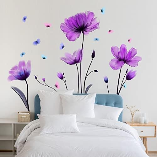 Purple Floral Wall Sticker Removable Butterfly Wall Decal for Nursery Bedroom Kids Room