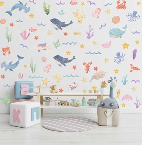 Watercolor Ocean Wall Decals for Kids Room Decor