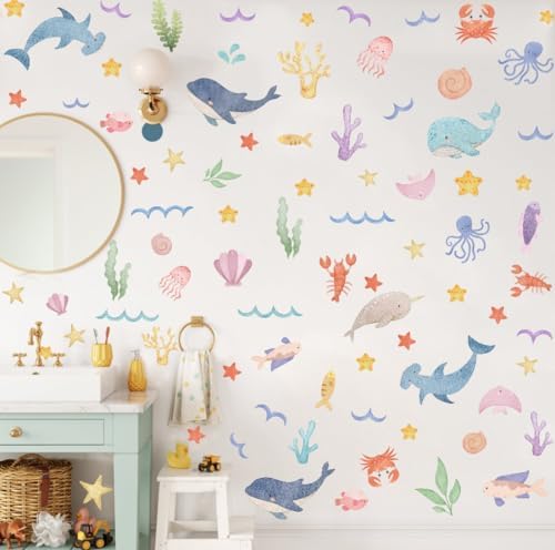 Watercolor Ocean Wall Decals for Kids Room Decor