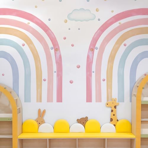 Large Watercolor Rainbow Wall Decals with Clouds and Polka Dots for Kids Room Decor