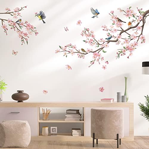 Decalmile Pink Blossom Floral Birds Wall Decals for Kids Bedroom Living Room Window Decor