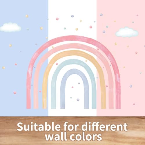 Large Watercolor Rainbow Wall Decals with Clouds and Polka Dots for Kids Room Decor