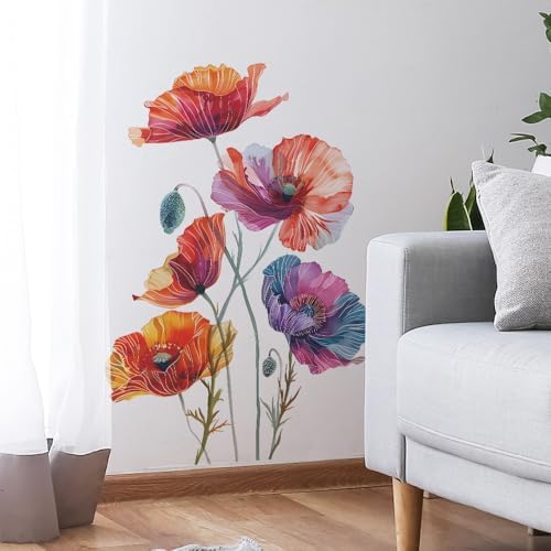Runtoo Poppy Flowers Wall Art Decals Boho Watercolor Floral Wall Stickers for Home Decor