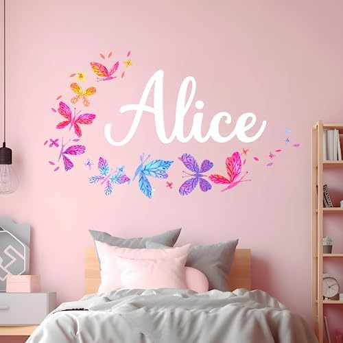 Personalized Name Wall Decals for Girls Bedroom - Butterfly Pink Room Decor with Rainbow Choices - Multiple Sizes