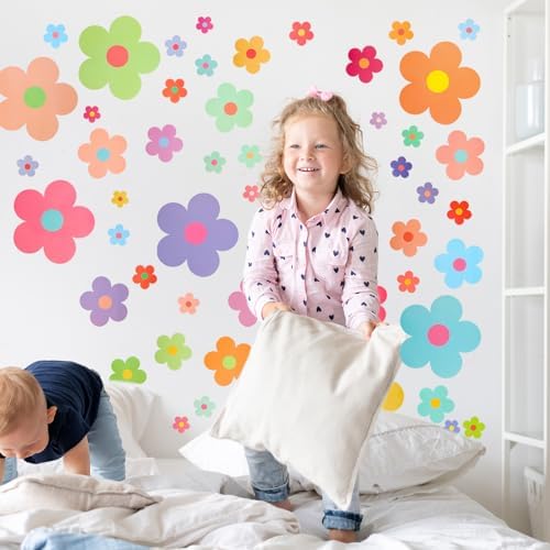COMNICO 63pcs Colorful Y2K Floral Wall Stickers for Kids Bedroom Decor