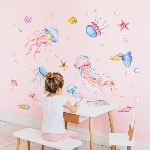 Decvictor Watercolor Jellyfish Wall Decals for Nursery Room Decor