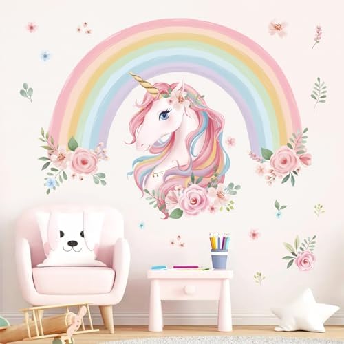 Wondever Large Rainbow Unicorn Wall Art Stickers for Kids Bedroom and Baby Nursery