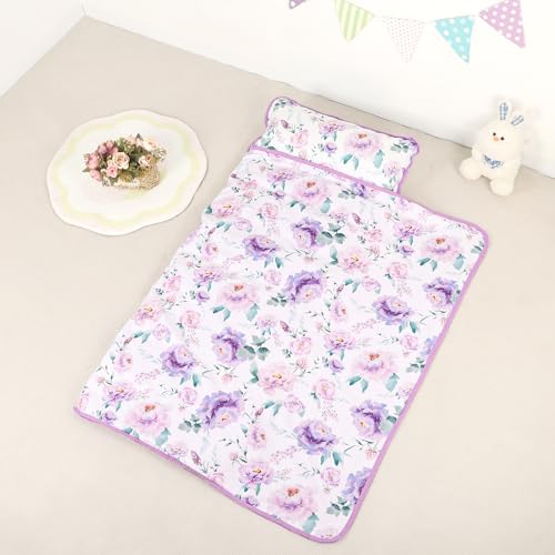 Toddler Nap Mat with Pillow and Minky Blanket Purple