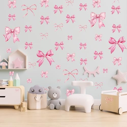 Pink Bow Wall Stickers 8 Sheets 46 Pcs Decor for Nursery and Girls Room