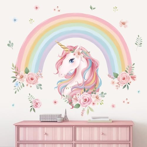 Wondever Large Rainbow Unicorn Wall Art Stickers for Kids Bedroom and Baby Nursery