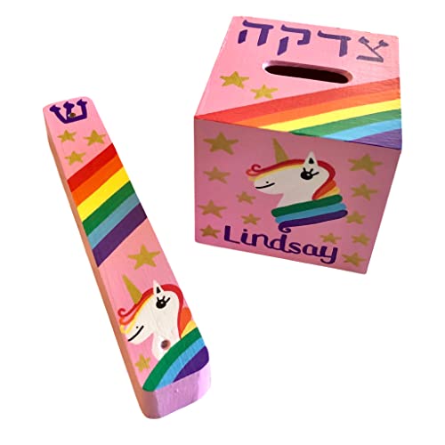 Tzedakah Box and Mezuzah Set Rainbow Unicorn Design Light Pink