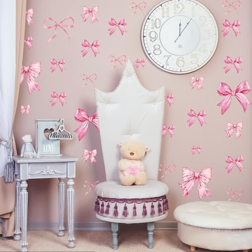 Pink Bow Wall Stickers 8 Sheets 46 Pcs Decor for Nursery and Girls Room