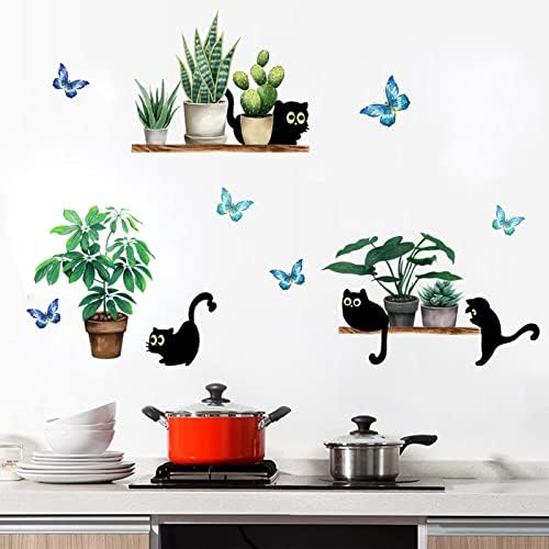 Black Cats Potted Plant Wall Decals Bonsai Stickers