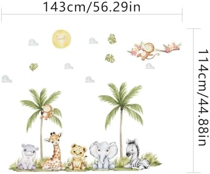 5629 x 4488 Inch Watercolor Animal Wall Decals - Jungle Stickers With Tiger Elephant Zebra Giraffe Monkey Hippo