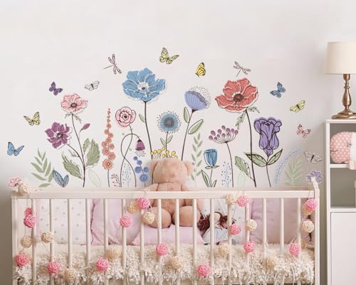 Prabahdak Flower Wall Decals Vintage Floral Butterfly Dragonfly Sticker Peel and Stick Decor