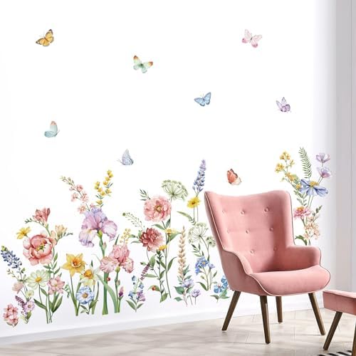 Decalmile Spring Garden Flower Wall Stickers Wildflower Iris Butterflies Wall Decals