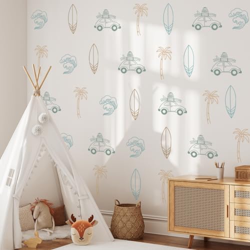 Retro Surfer Wall Sticker with Ocean Waves and Palm Trees