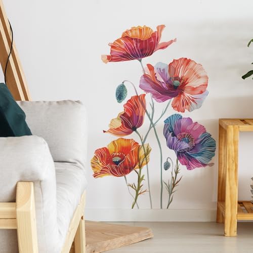 Runtoo Poppy Flowers Wall Art Decals Boho Watercolor Floral Wall Stickers for Home Decor