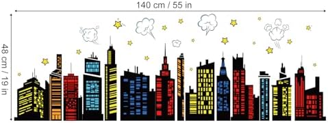 Colorful City Skyline Wall Decals for Bedroom Playroom and Toddler Room