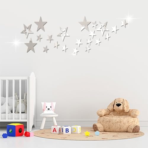 aooyaoo 26pcs Star Acrylic Mirror Wall Stickers 4 Sizes Silver Design Adhesive 3D Decor for Kids Room