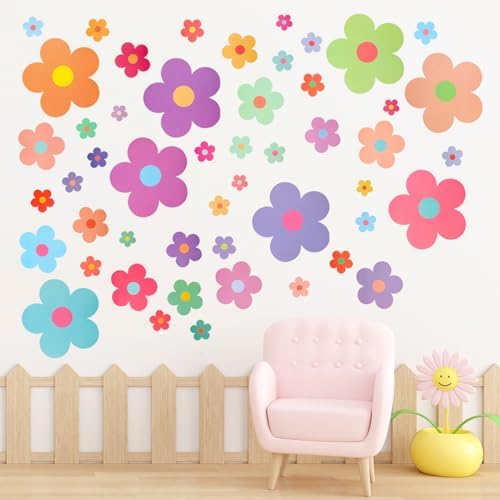 COMNICO 63pcs Colorful Y2K Floral Wall Stickers for Kids Bedroom Decor