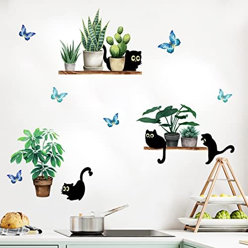 Black Cats Potted Plant Wall Decals Bonsai Stickers