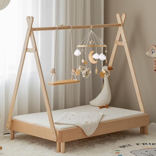 Baby Crib Mobile with Wooden Wind Chime Boho Decor Stars Clouds Moon