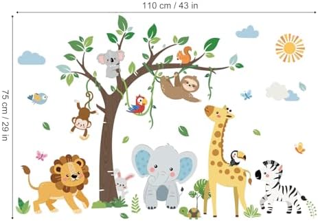 Jungle Animals Tree Wall Decals for Kids Room Decor