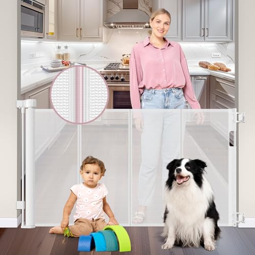 56 Inch Retractable Dog Gate with Reinforced Strip - White