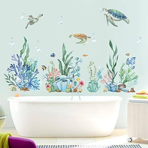 Wondever Ocean Seaweed Grass Wall Stickers Turtle Under Sea Peel and Stick Art Decals for Baby Nursery Kids Room