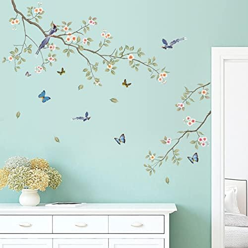 Green Leaf Branch Wall Decals with White Flowers and Butterflies