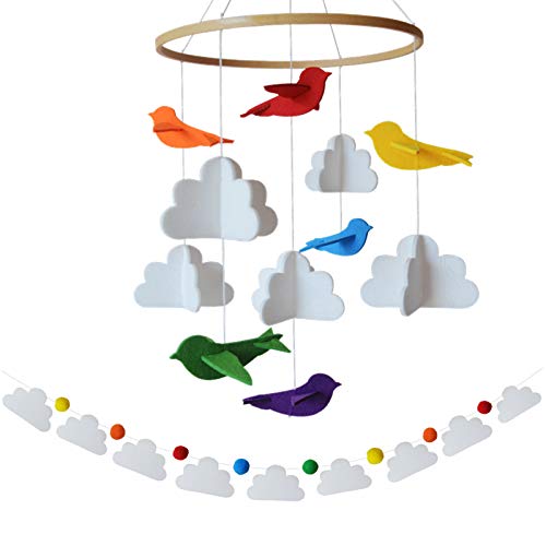 Baby Crib Mobile Rainbow Birds in Clouds with Garland