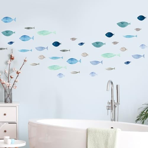 36 Pcs Watercolor Blue School of Fish Wall Decals