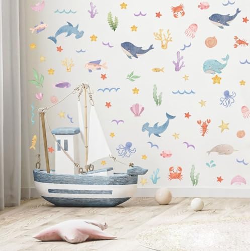 Watercolor Ocean Wall Decals for Kids Room Decor