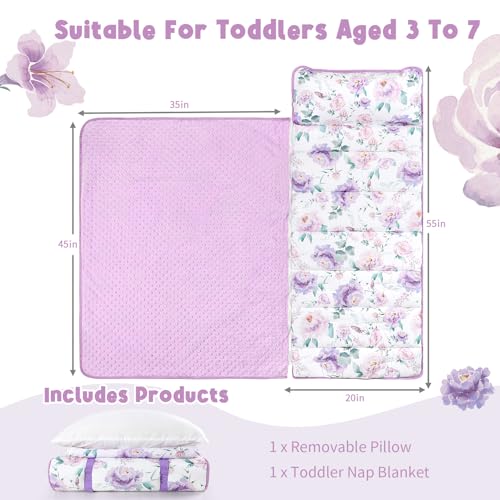 Toddler Nap Mat with Pillow and Minky Blanket Purple