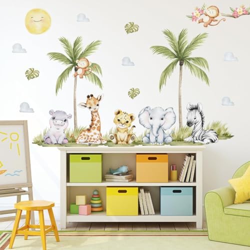 5629 x 4488 Inch Watercolor Animal Wall Decals - Jungle Stickers With Tiger Elephant Zebra Giraffe Monkey Hippo