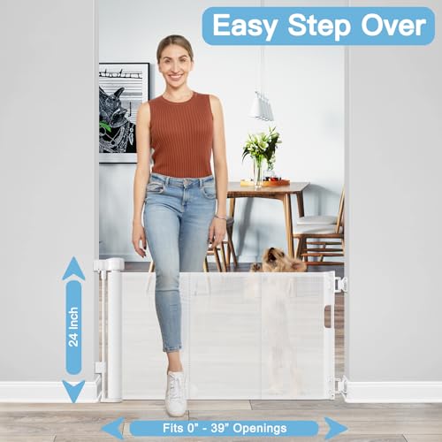 24 Inch Tall Retractable Baby Gate for Stairs and Doorways White