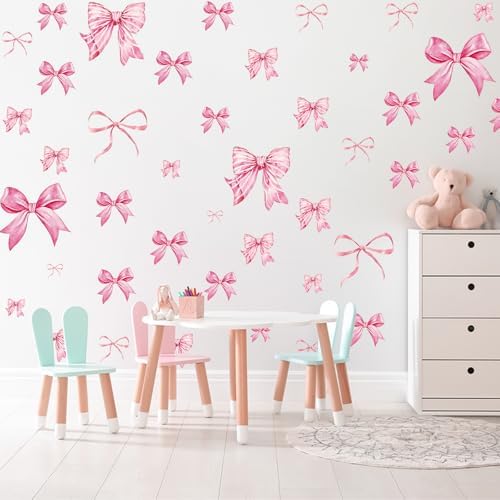 Pink Bow Wall Stickers 8 Sheets 46 Pcs Decor for Nursery and Girls Room