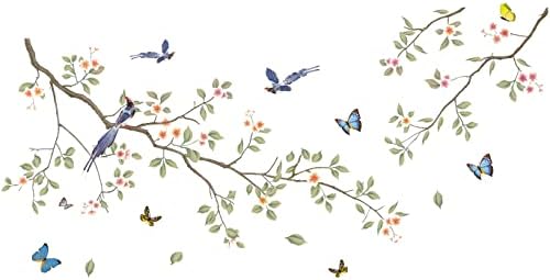 Green Leaf Branch Wall Decals with White Flowers and Butterflies