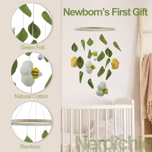 Baby Crib Mobile with Bees and Green Leaves