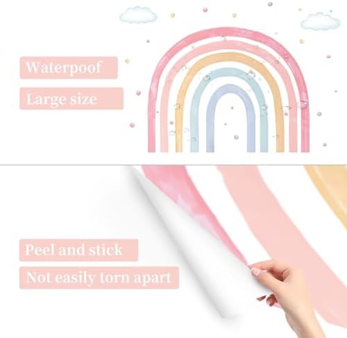 Large Watercolor Rainbow Wall Decals with Clouds and Polka Dots for Kids Room Decor