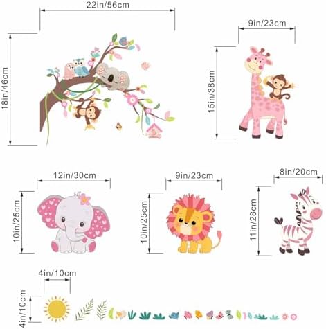 Pink Forest Baby Animals Wall Decals - Elephant Lion Giraffe Monkey Zebra Stickers