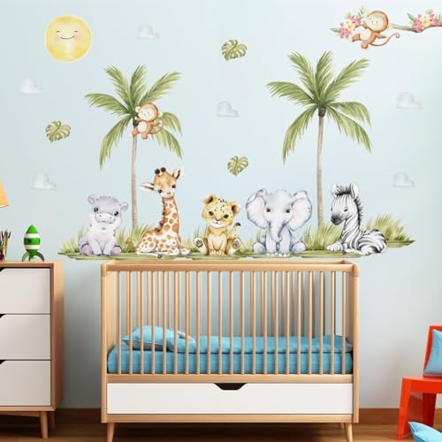 5629 x 4488 Inch Watercolor Animal Wall Decals - Jungle Stickers With Tiger Elephant Zebra Giraffe Monkey Hippo