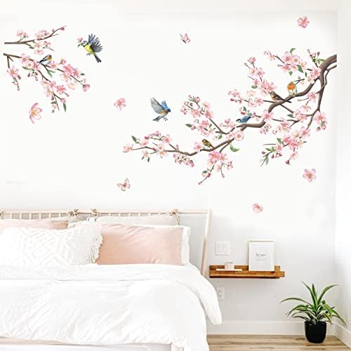 Decalmile Pink Blossom Floral Birds Wall Decals for Kids Bedroom Living Room Window Decor