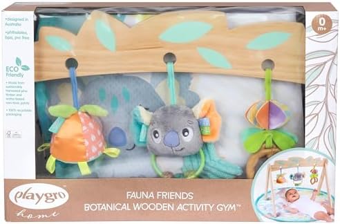 Playgro Fauna Friends Wooden Baby Gym with 3 Hanging Toys